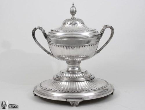 Silver soup tureen, stand, 19th c.