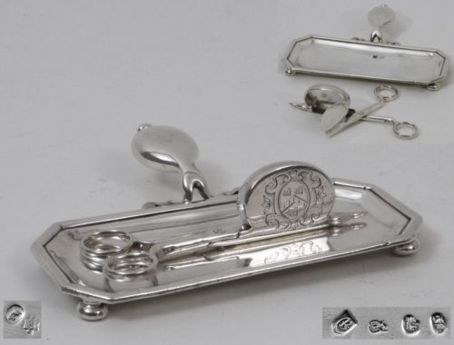 silver snuffer tray and snuffers, English
