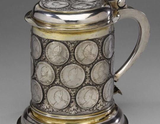 Antique silver tankard with inset coins, 17th century, Berlin